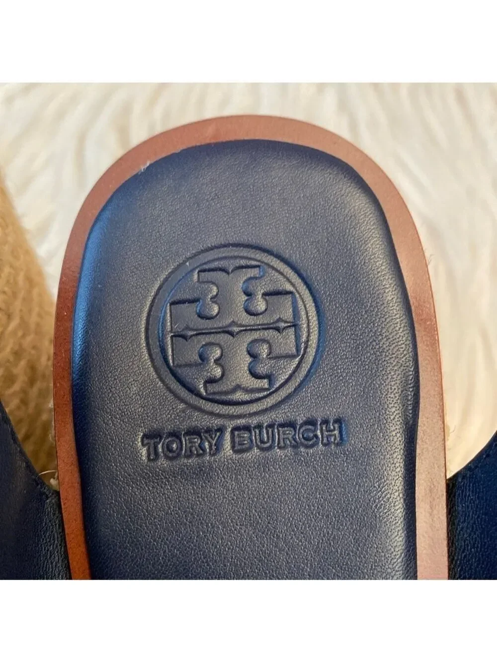 Tory Burch Roselle Navy Laser Cut Leather Platform Espadrille Sandals, Size 10.5